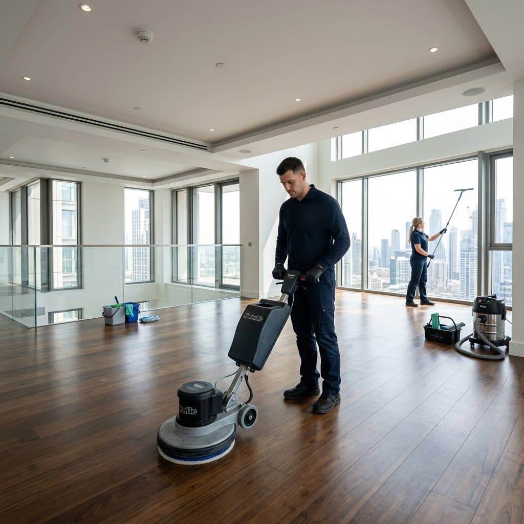 Reinigungskraft reinigt den Boden einer leeren, hellen Wohnung mit einer Maschine.