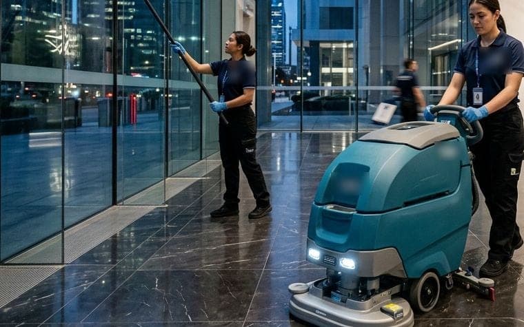 Reinigungskräfte in einem Foyer: Eine Frau reinigt eine Glasfront, eine andere fährt eine Bodenreinigungsmaschine.
