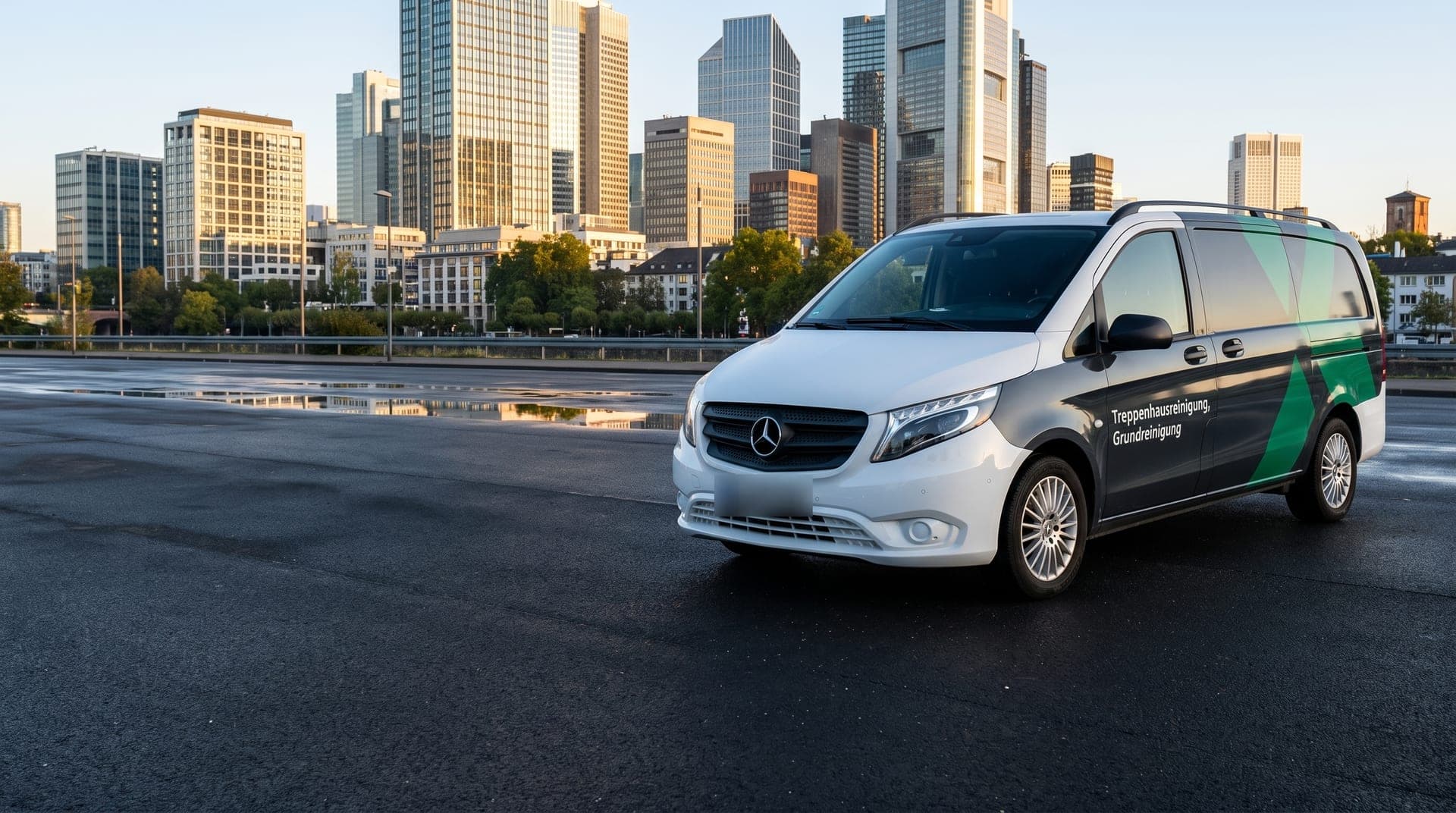Firmenwagen von DYM Facility Service vor der Frankfurter Skyline